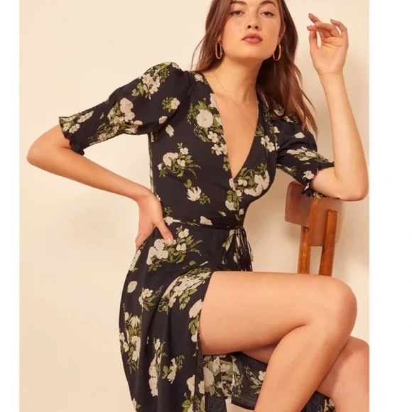 Reformation Black Floral Midi Dress